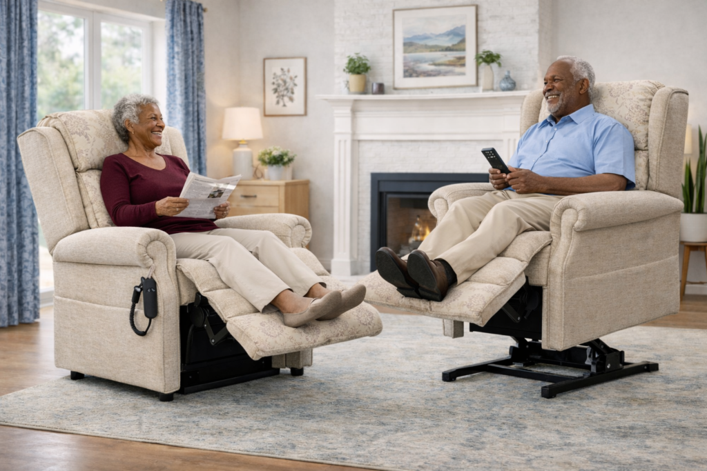 Elderly couple at home enjoying their reclining chairs