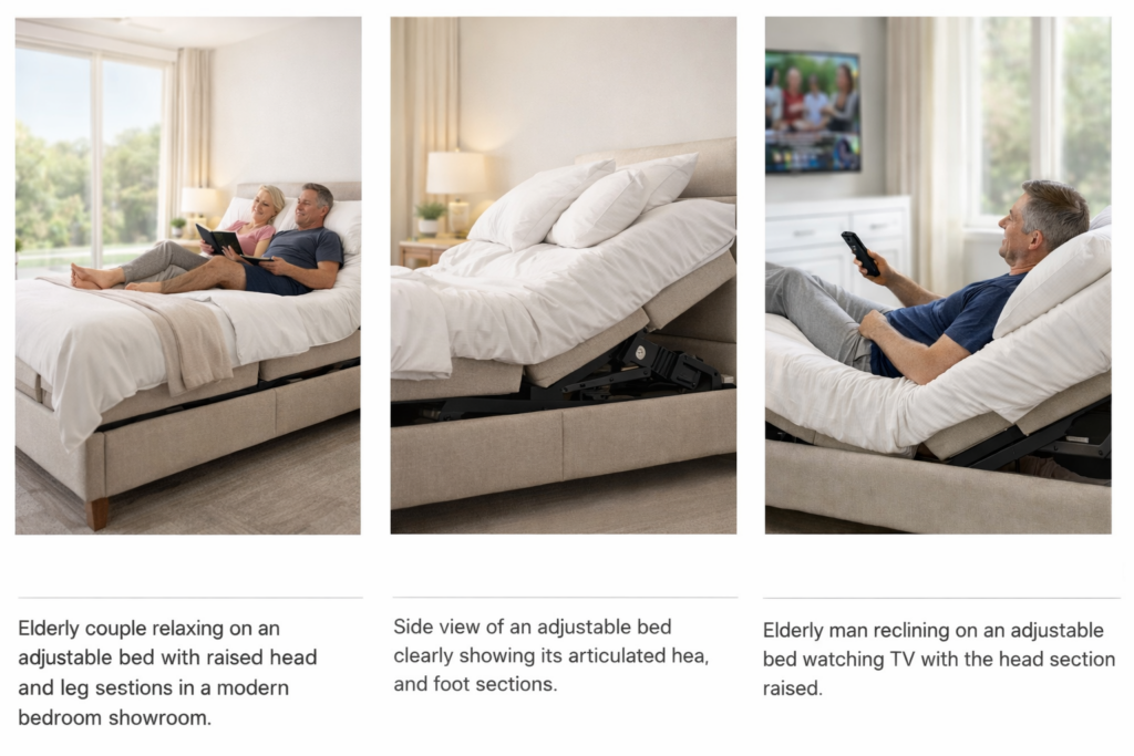 Person comfortably reading in an adjustable profiling bed with raised back support