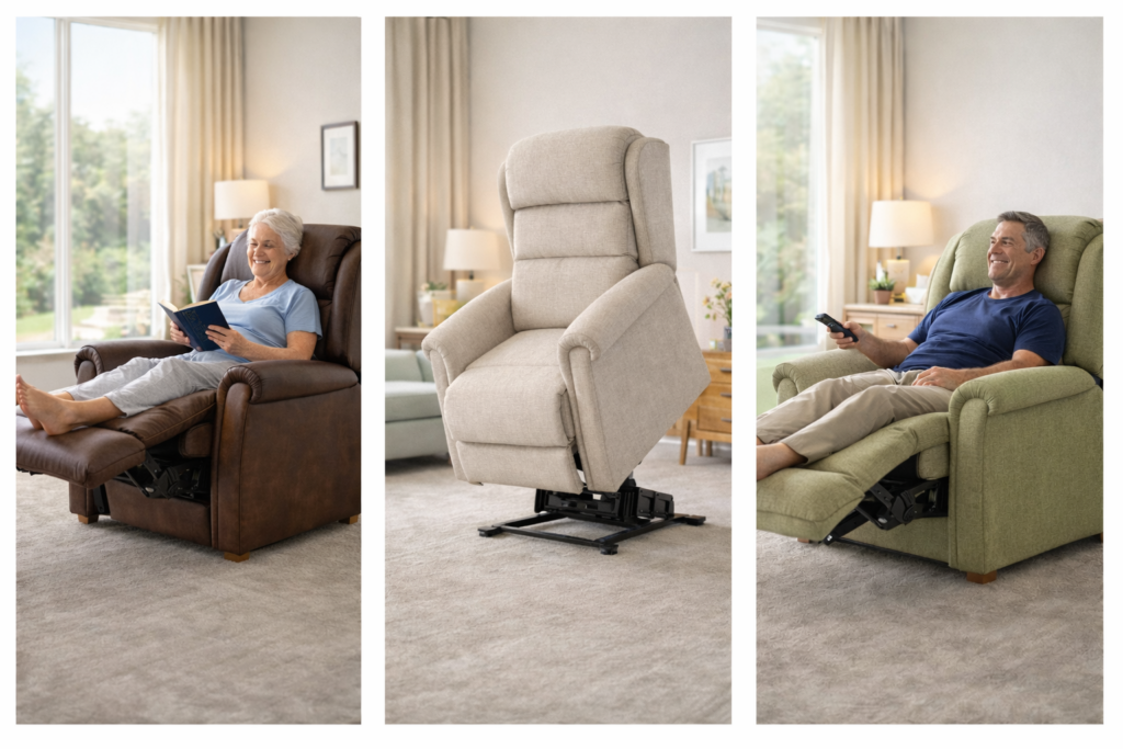 Electric rise and recliner chair lifting a person to standing position in a modern living room